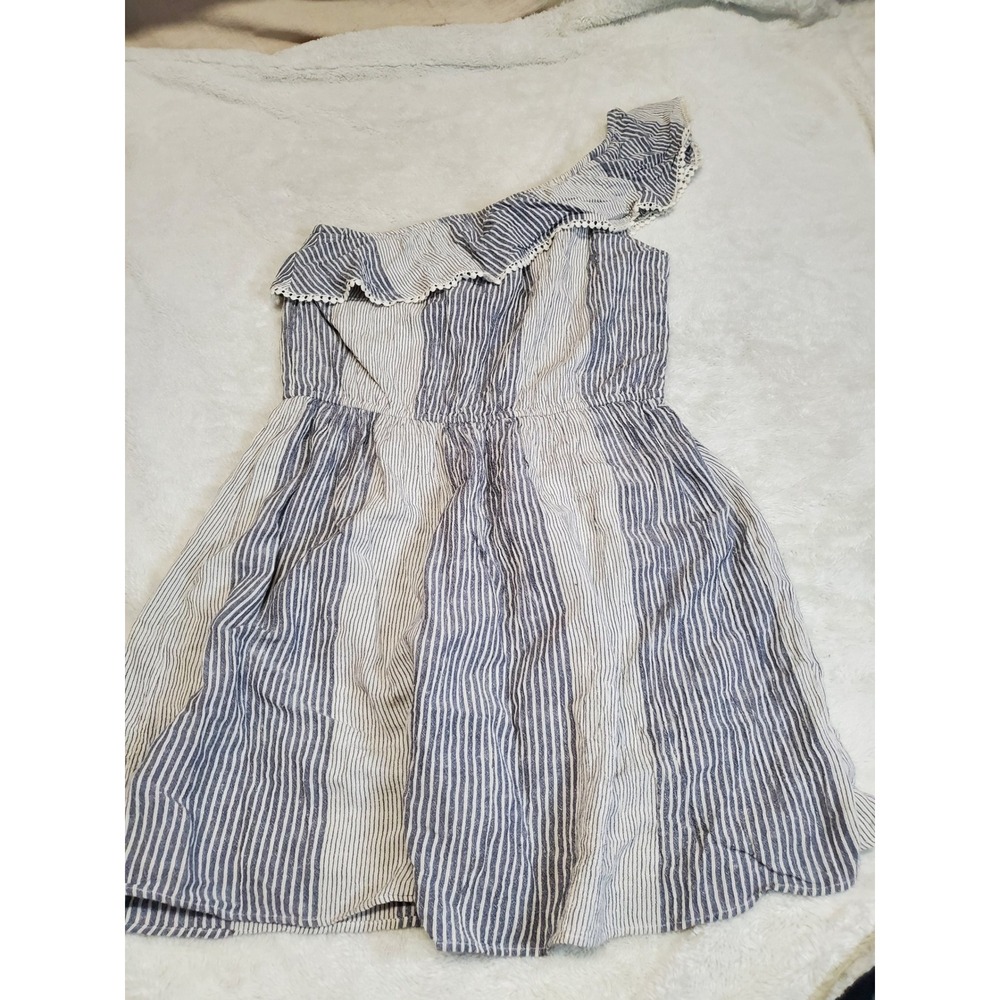 NWT American Eagle Gray Stripe Linen Blend One Shoulder Ruffle Mini Dress XL